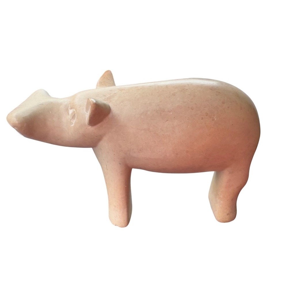 Hand Carved Soapstone Hippo Figurine Minimalist Stone Sculpture Pink 6.5"